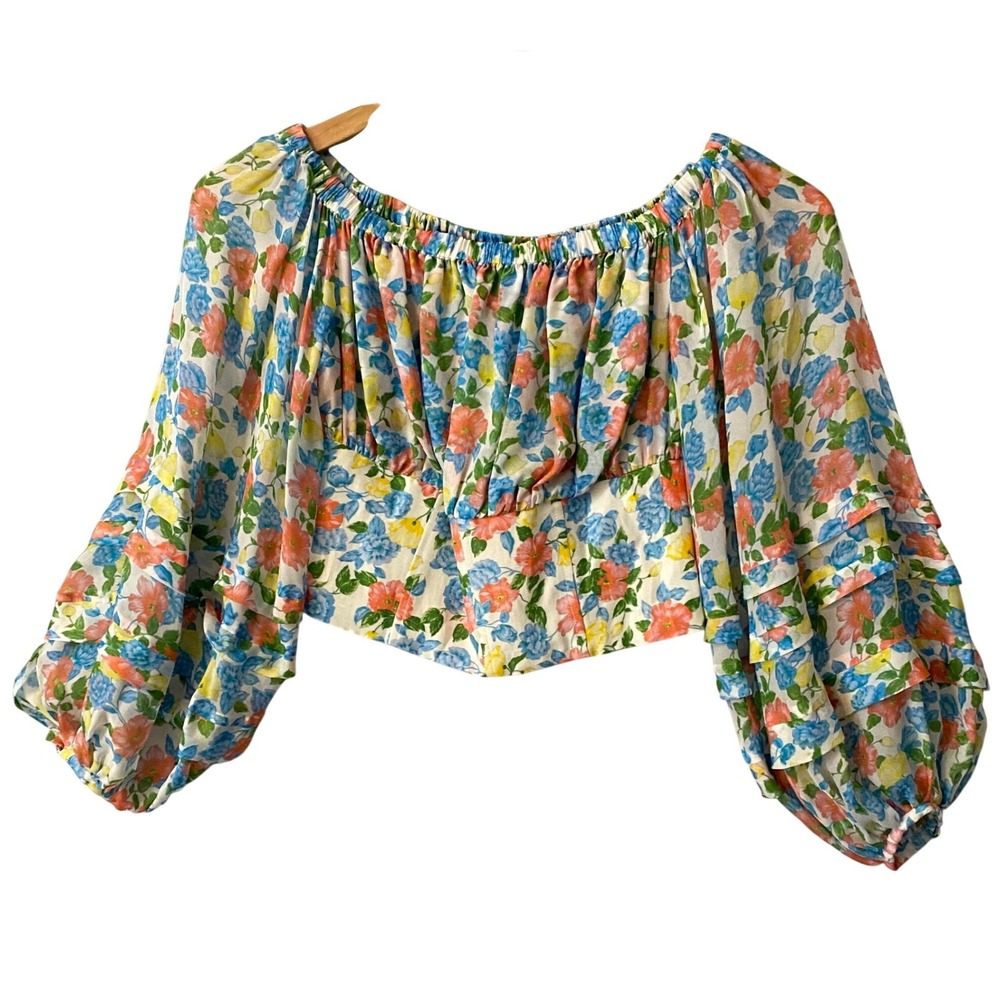AMUR Floral Silk Linen Corset Crop Top Tiered Balloon Sleeve Multi Color Size 2